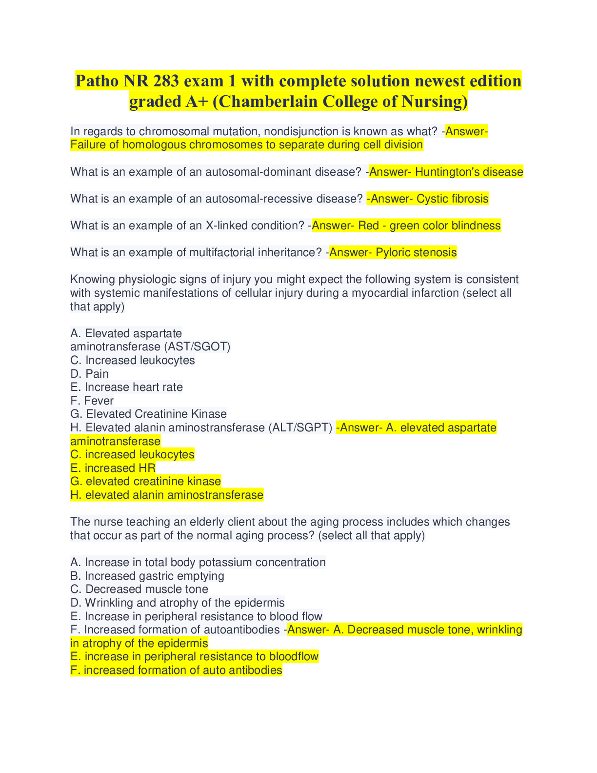 Preview image for Patho NR 283 exam 1 with complete solution newest edition graded A+ (Chamberlain College of Nursing)